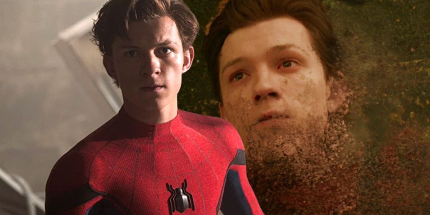 tom holland as spider-man in the mcu next to him being snapped away in avengers infinity war