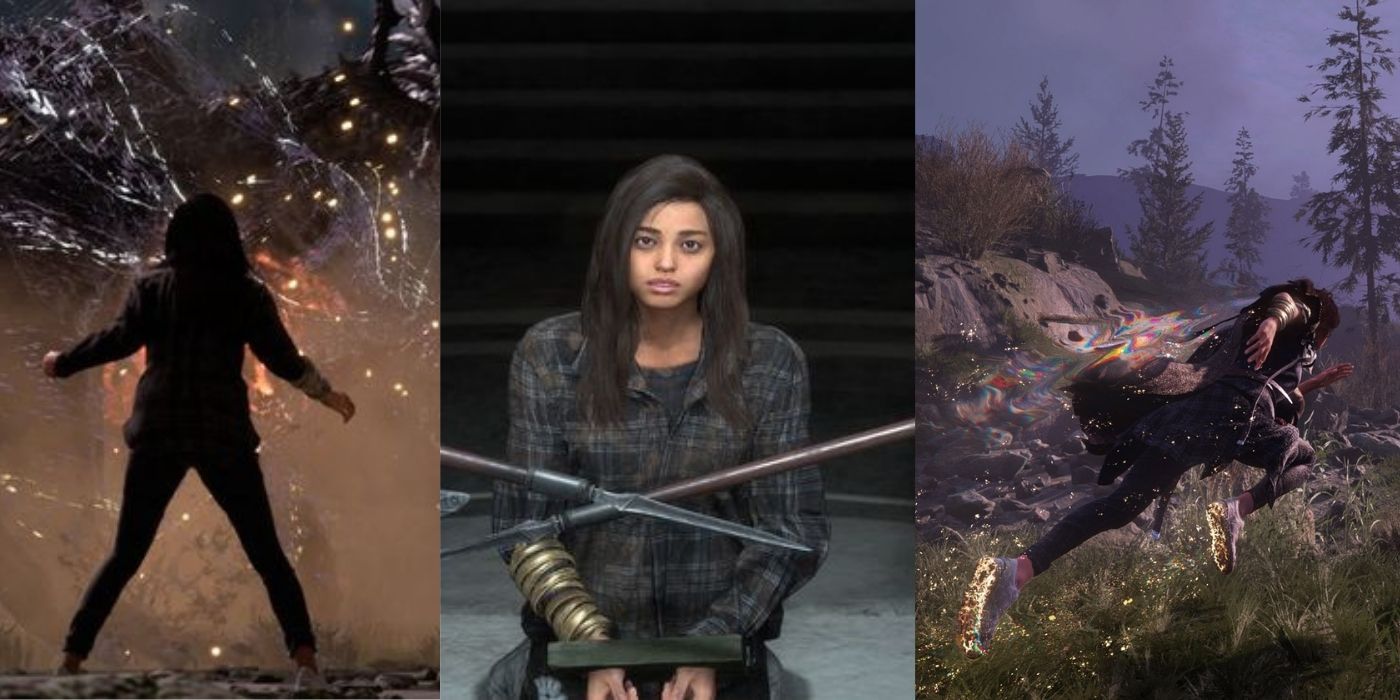 triple split image of Forspoken main character as she deals with athia