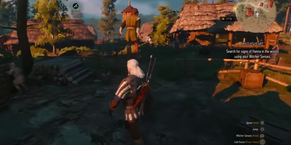 A villager walks in the air above Geralt in Witcher 3