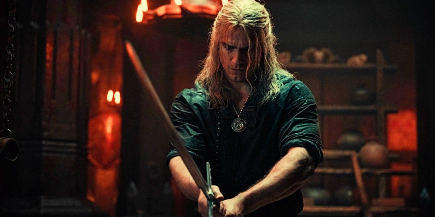 Geralt brandishing his sword in The Witcher season 2