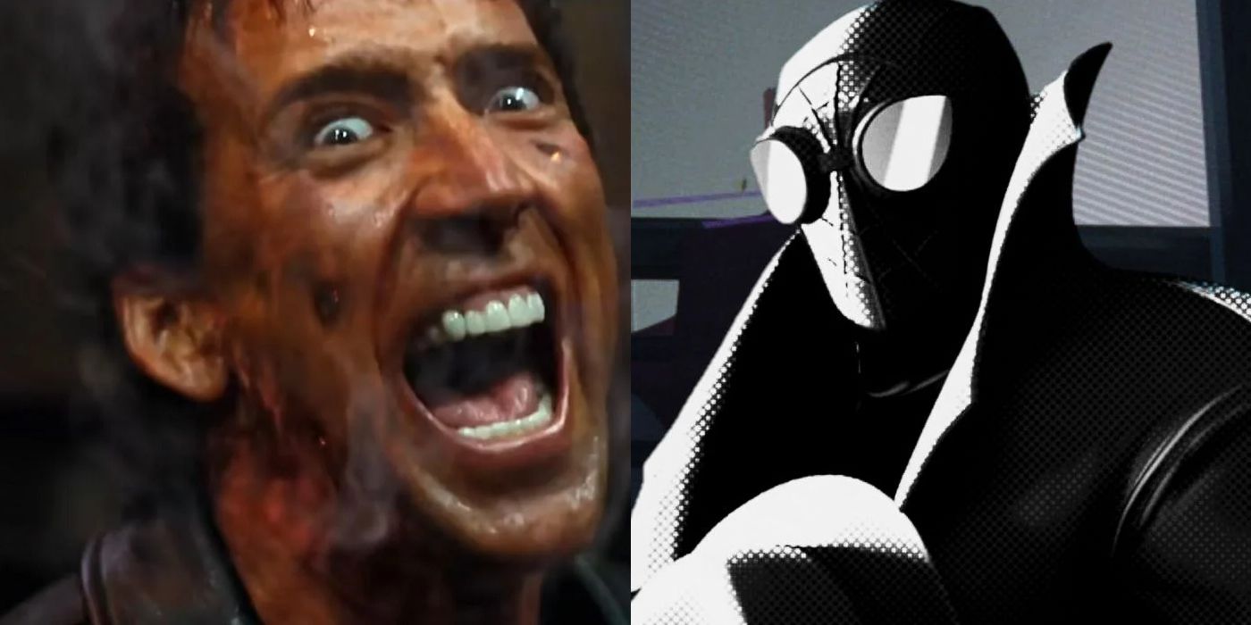 (left) Nick Cage cackling menacingly in Ghost Rider; (right) Spider-Man Noir in Into the Spider-Verse