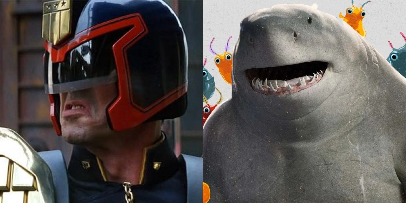 (right) Sylvester Stallone looking into the distance in Judge Dredd; (right) poster for King Shark in The Suicide Squad