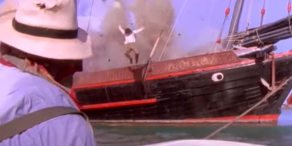 Young Indiana Jones jumps off a boat in Treasure of the Peacock&rsquo;s Eye