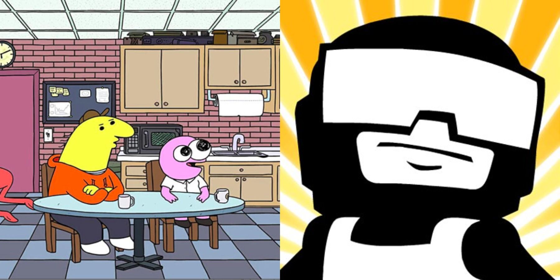 Pim and Charlie watch TV in Smiling Friends and The Newgrounds mascot.