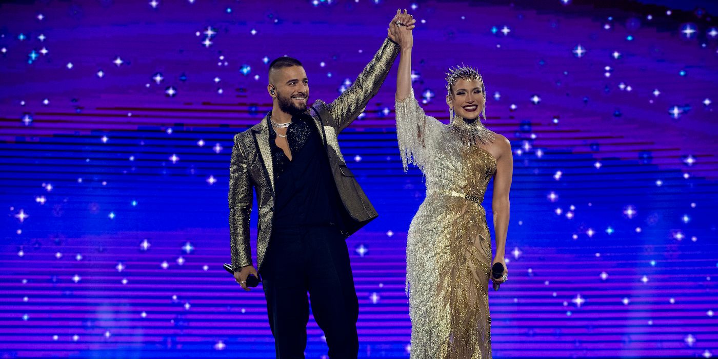 Maluma and Jennifer Lopez on stage in Marry Me