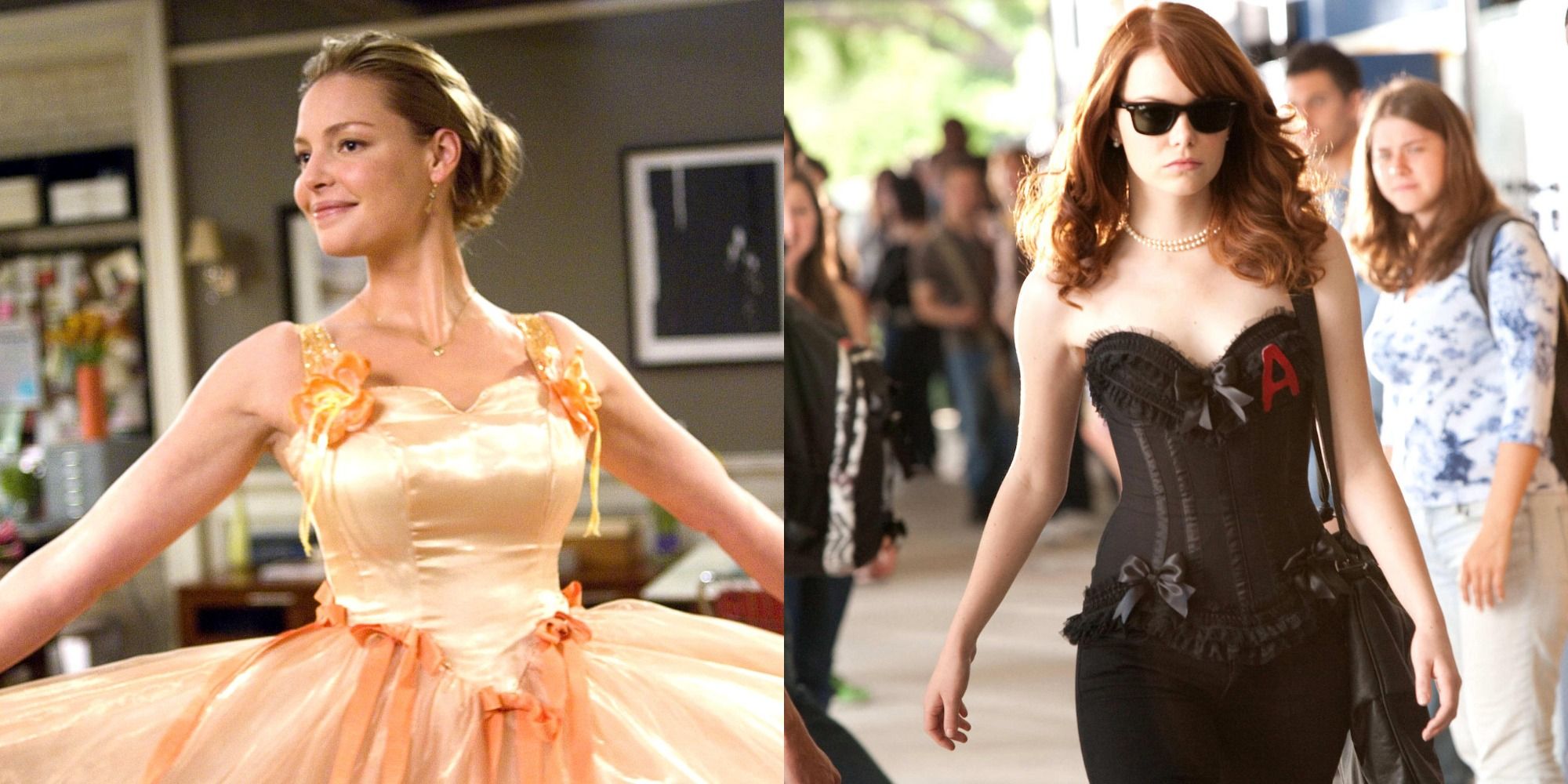 Split image showing scenes from 27 Dresses and Easy A