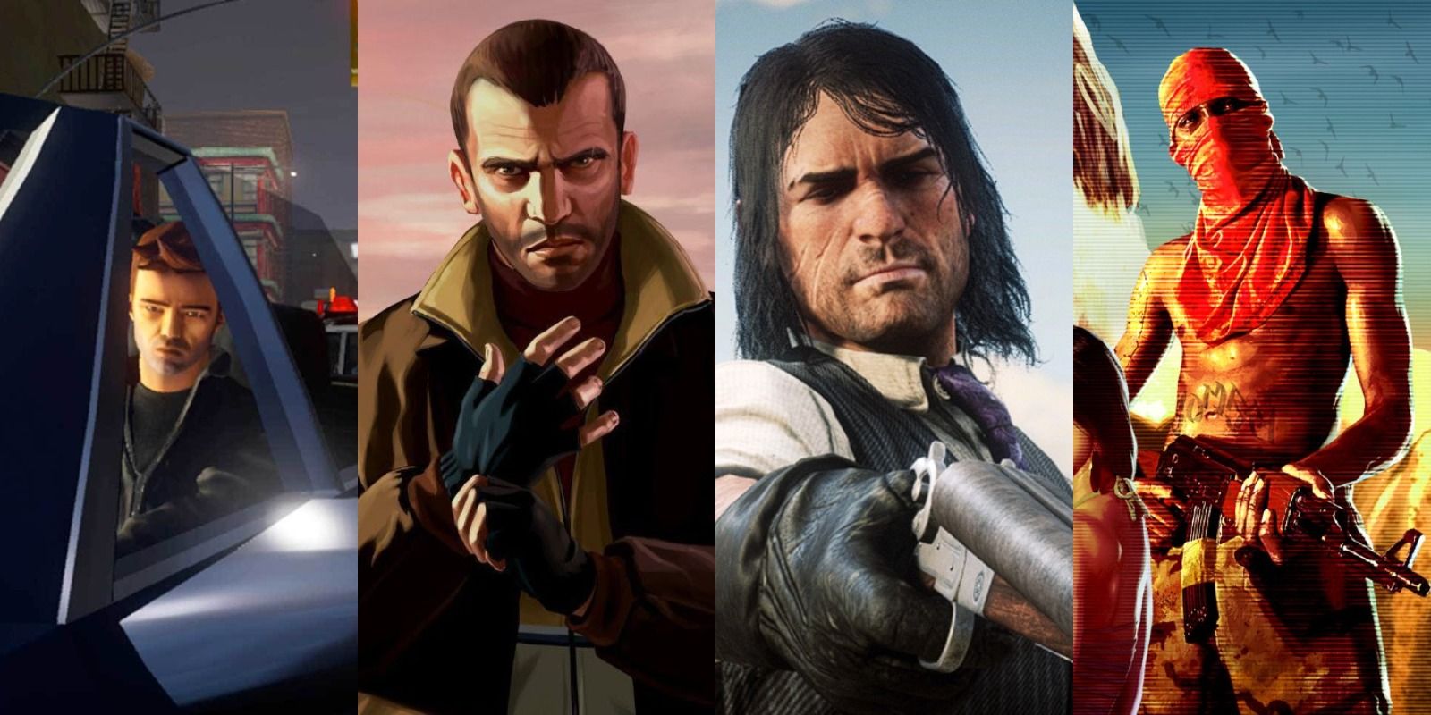 Split image with Claude, Niko Bellic, John Marston, Max Payne cover