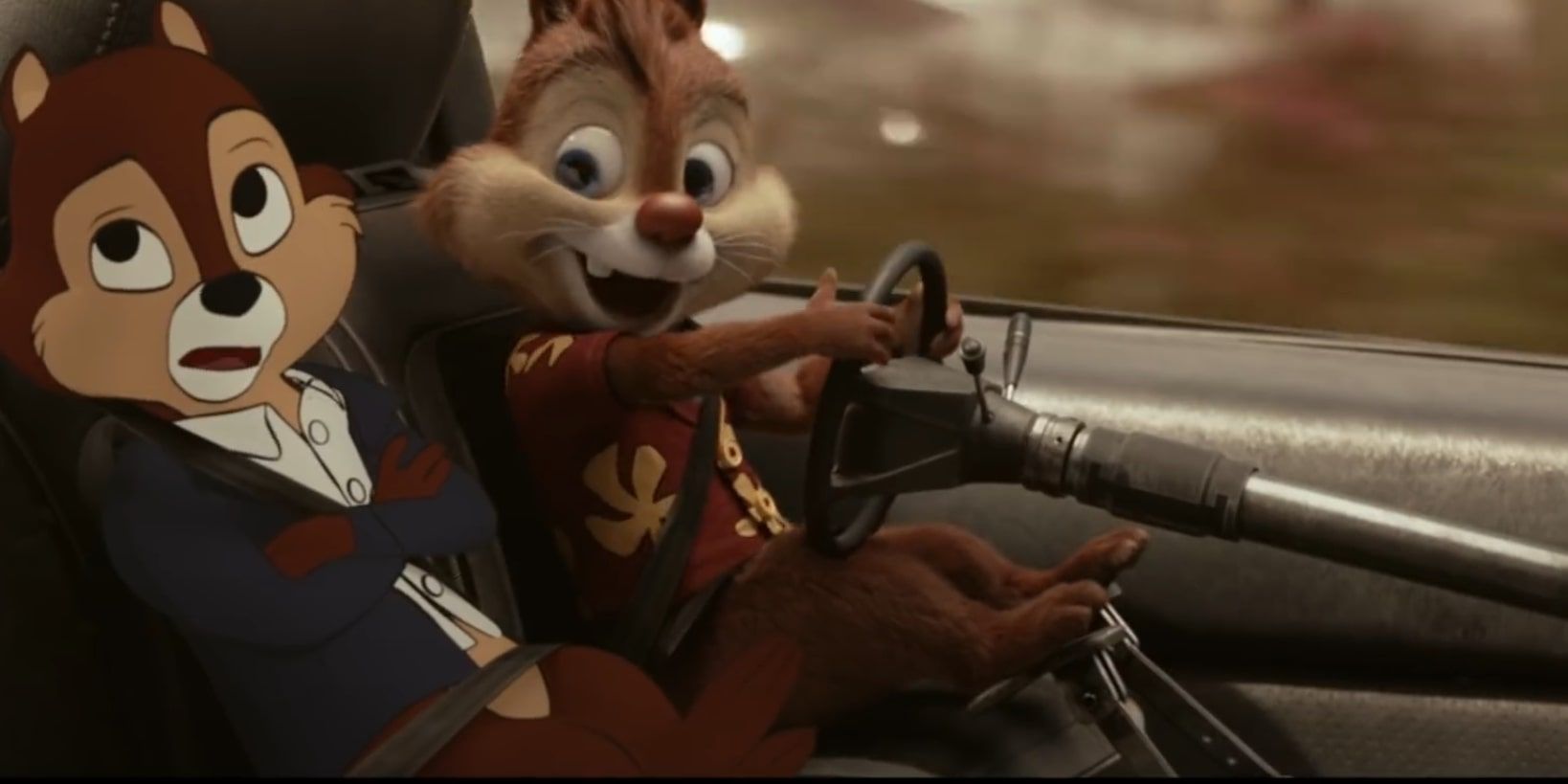 Chip and Dale drive a car.