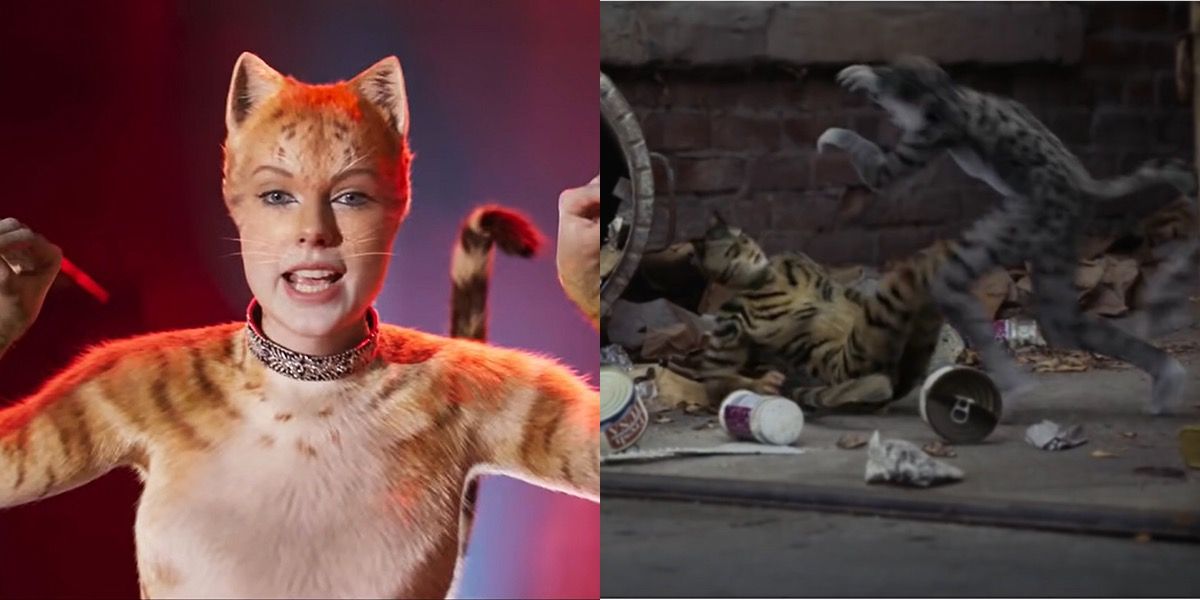 Taylor Swift strikes a menacing pose as a cat, while the cats from Cats fight in an alleyway in the Rescue Rangers trailer.