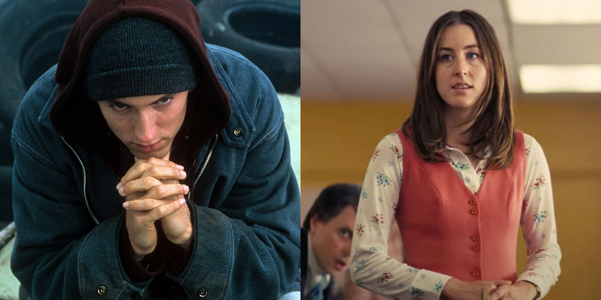 Split image showing Jimmy in 8 Mile and Alana in Licorice Pizza