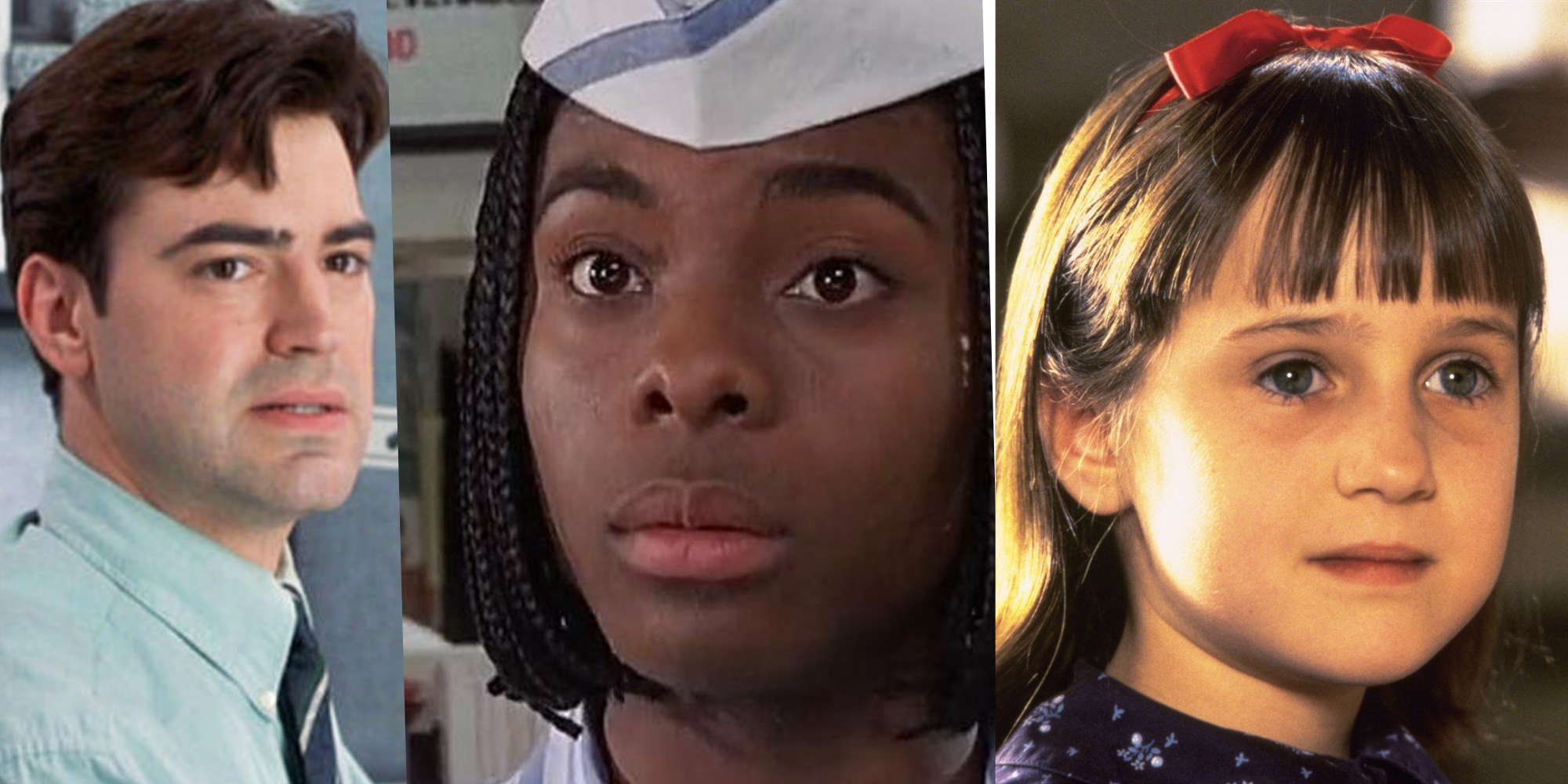 Split image of Office Space, Good Burger and Matilda