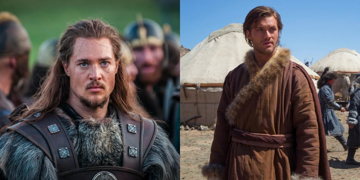 A closeup of Uhtred in The Last Kingdom and Marco Polo in a village in Marco Polo