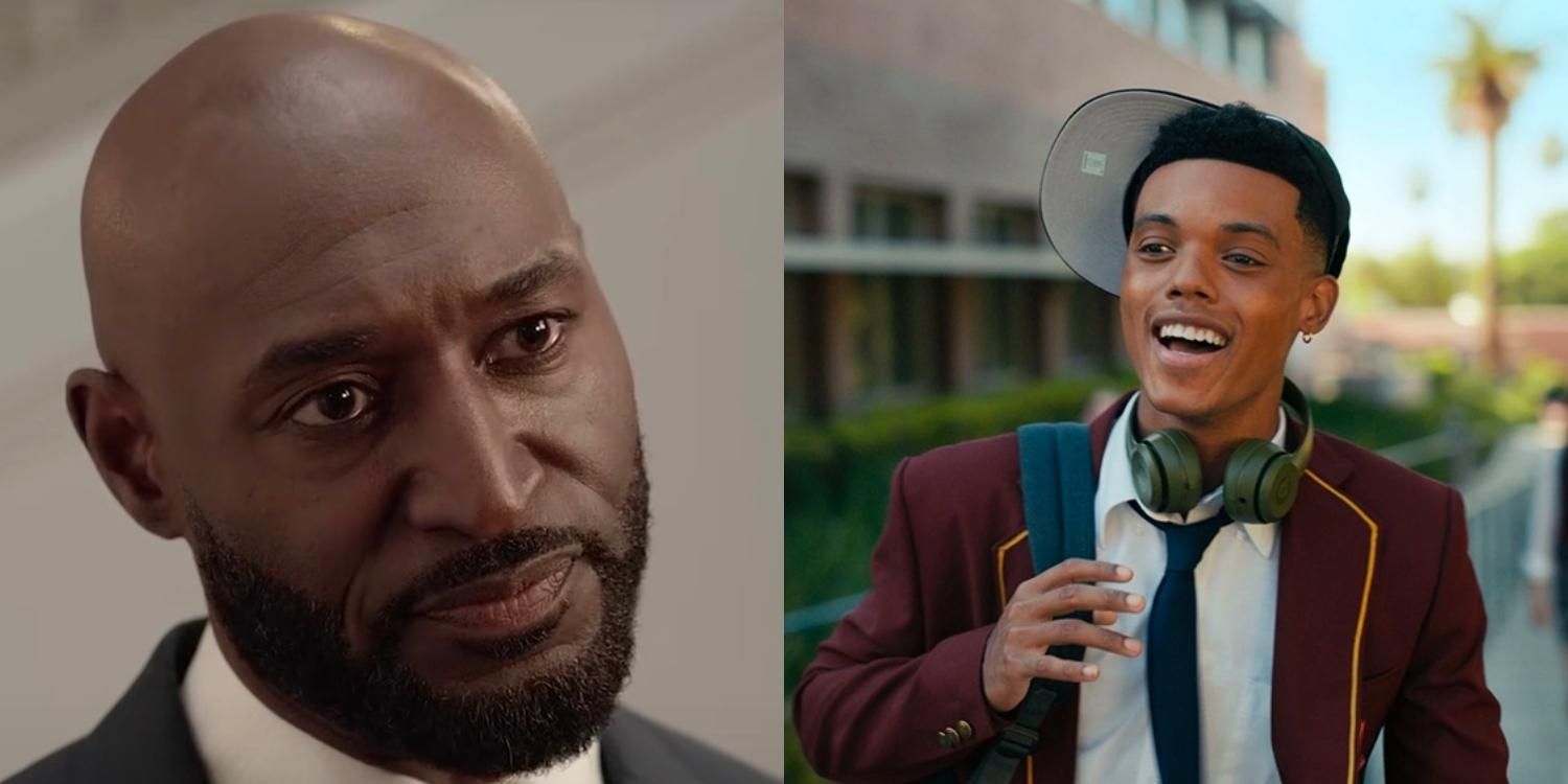 A closeup of Uncle Phil looking serious and Will in a hat and school uniform in Bel Air