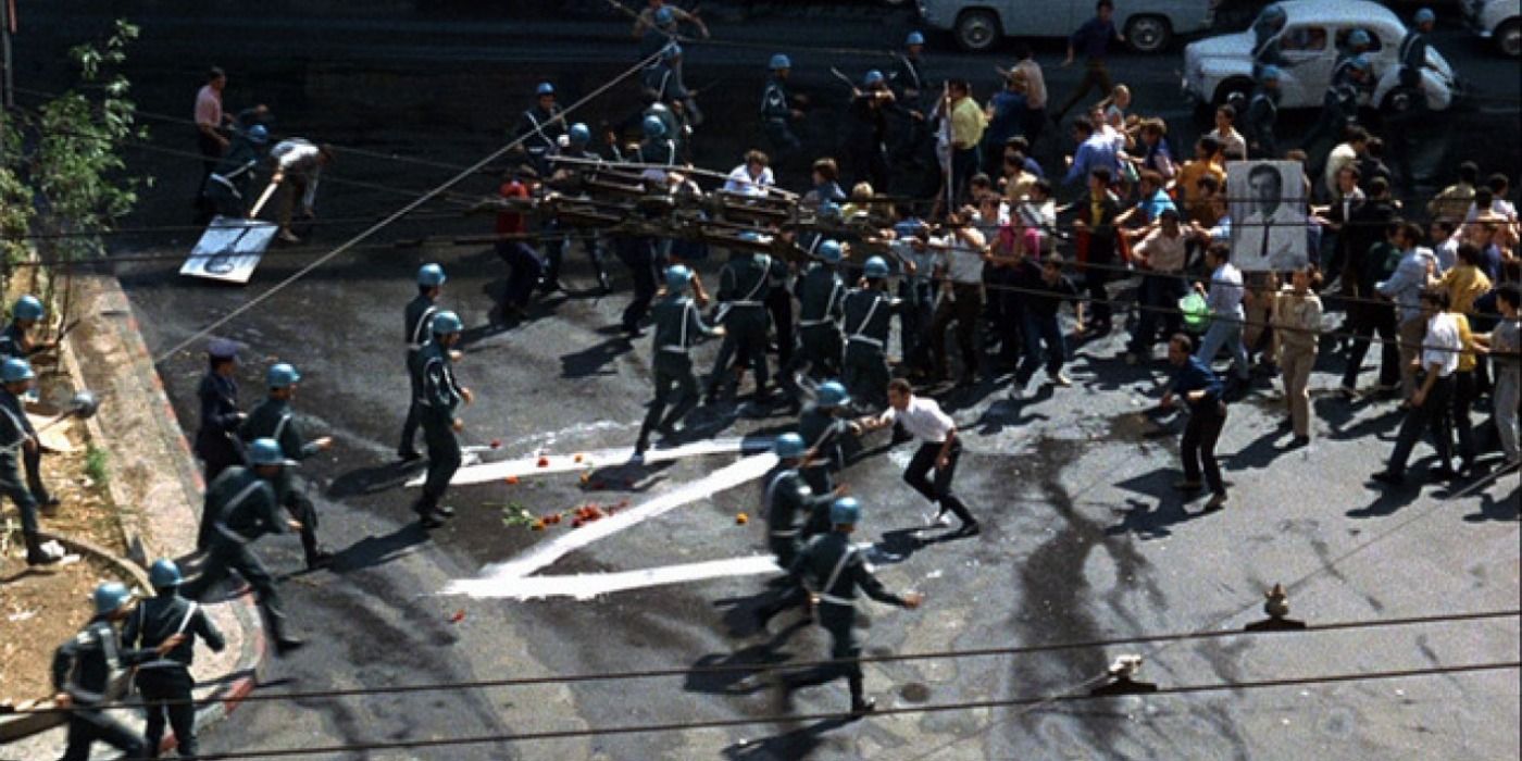 A riot breaks out in the movie Z.