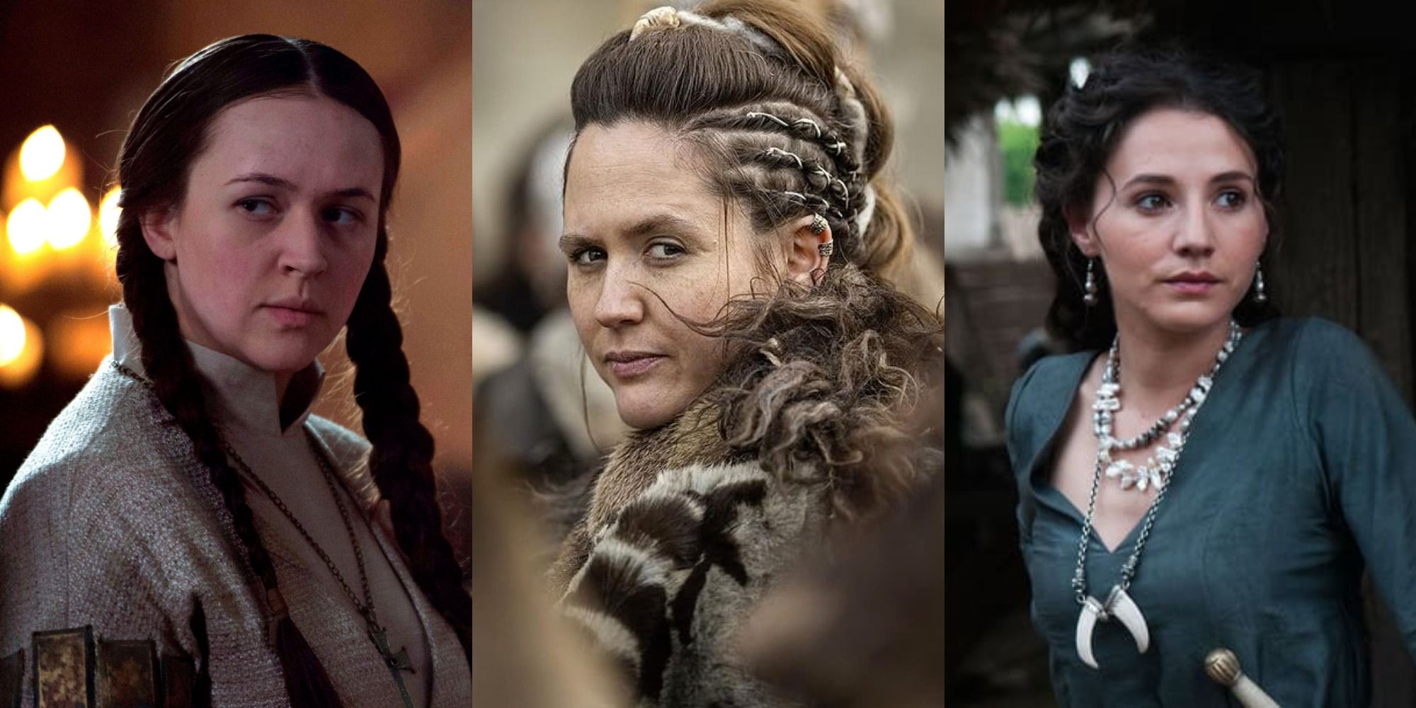 A split image of Aelswith, Brida, and Iseult in The Last Kingdom