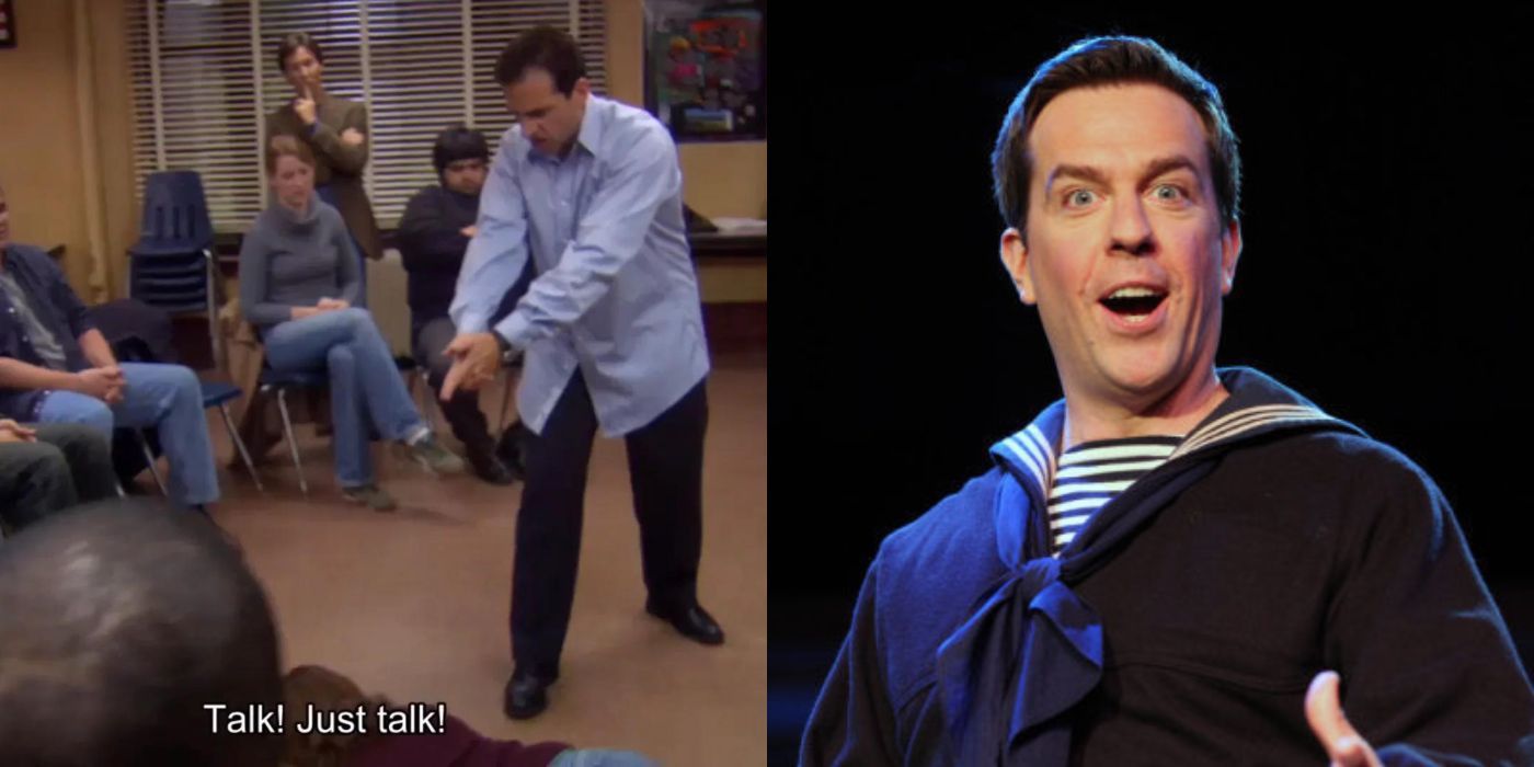 A split image of Andy and Michael acting in class and on the stage on The Office