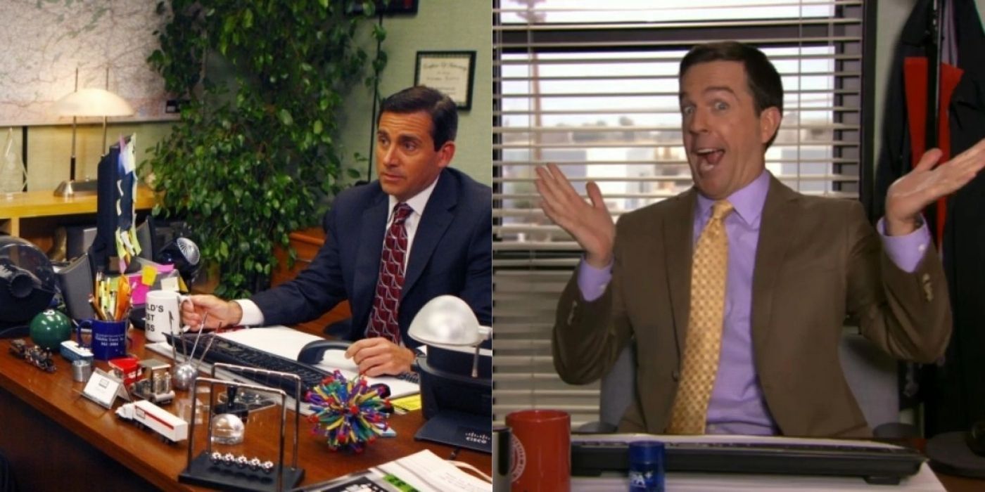 A split image of Andy and Michael as respective managers on The Office