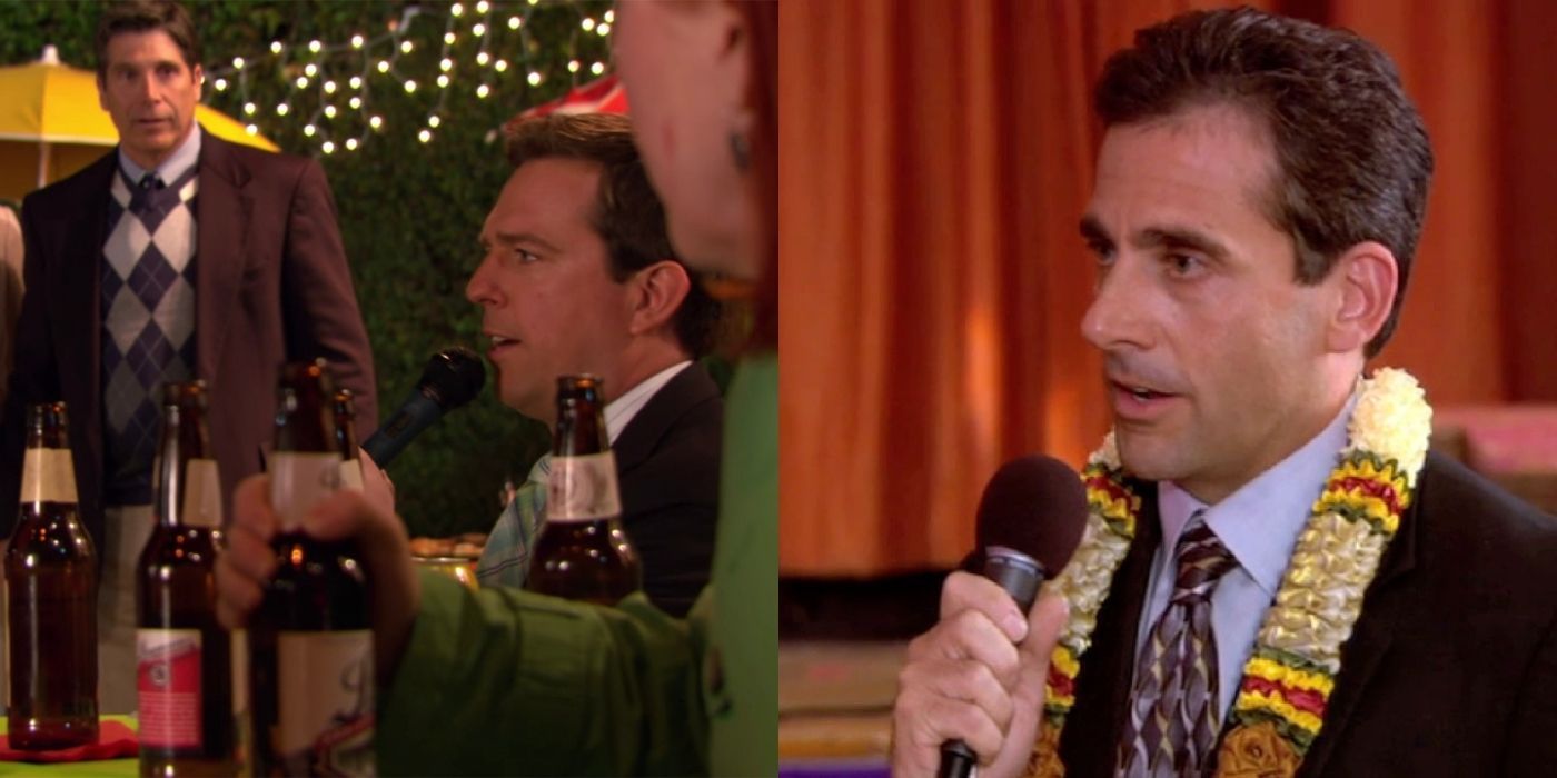 A split image of Andy and Michael proposing to Angela and Carol from The Office