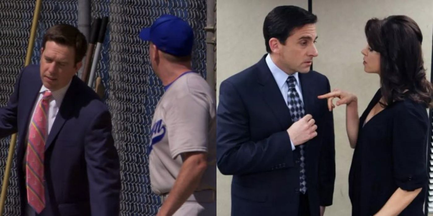 A split image of Andy and Michael talking to Donna and her husband on The Office