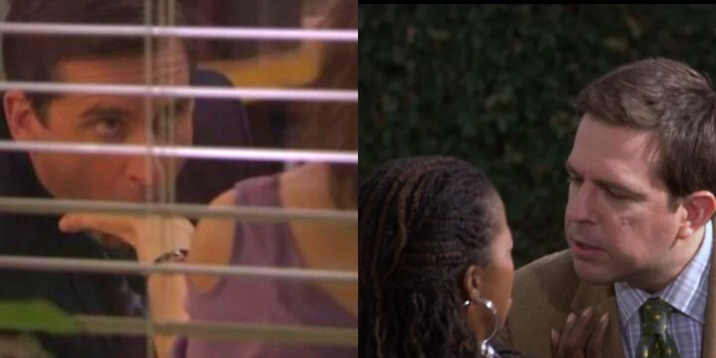 A split image of Andy and Michael trying to kiss clients on The Office