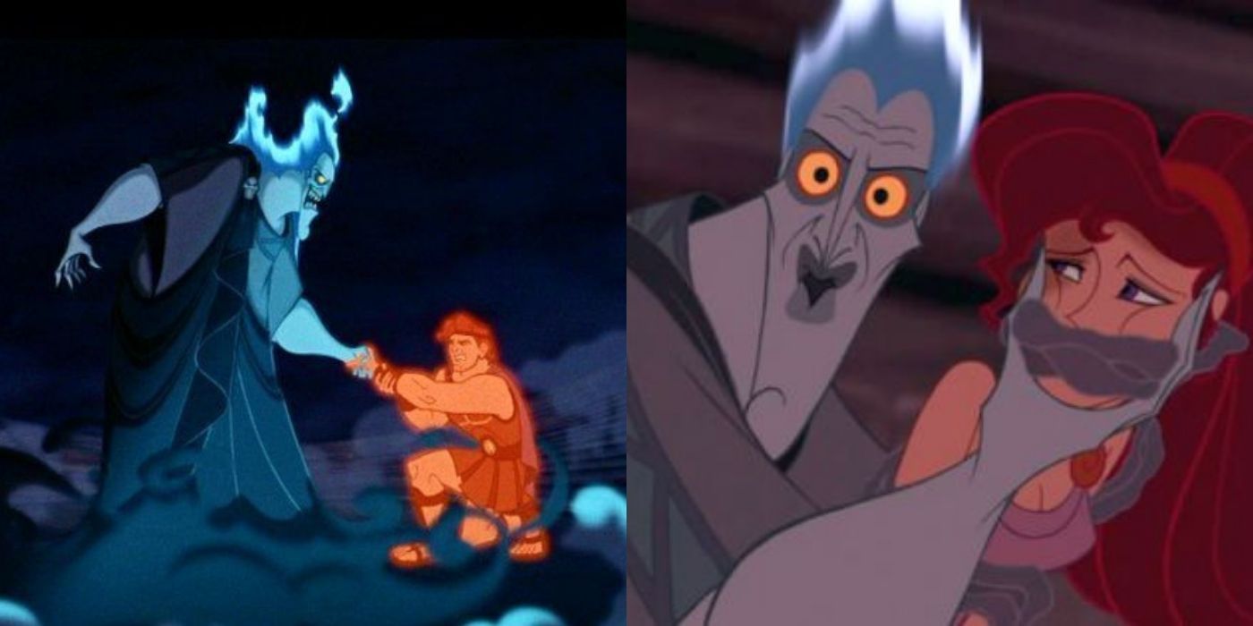 A split image of Hades, Hercules, and Meg from Disney