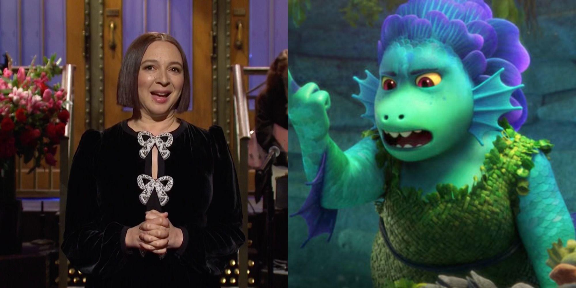 A split image of Maya Rudolph on SNL and her character on Luca