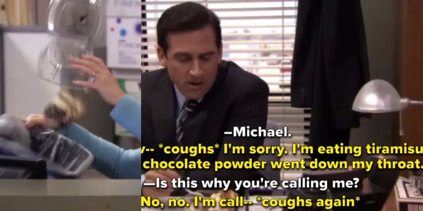 A split image of Michael eating Tiramisu from the trash on The Office