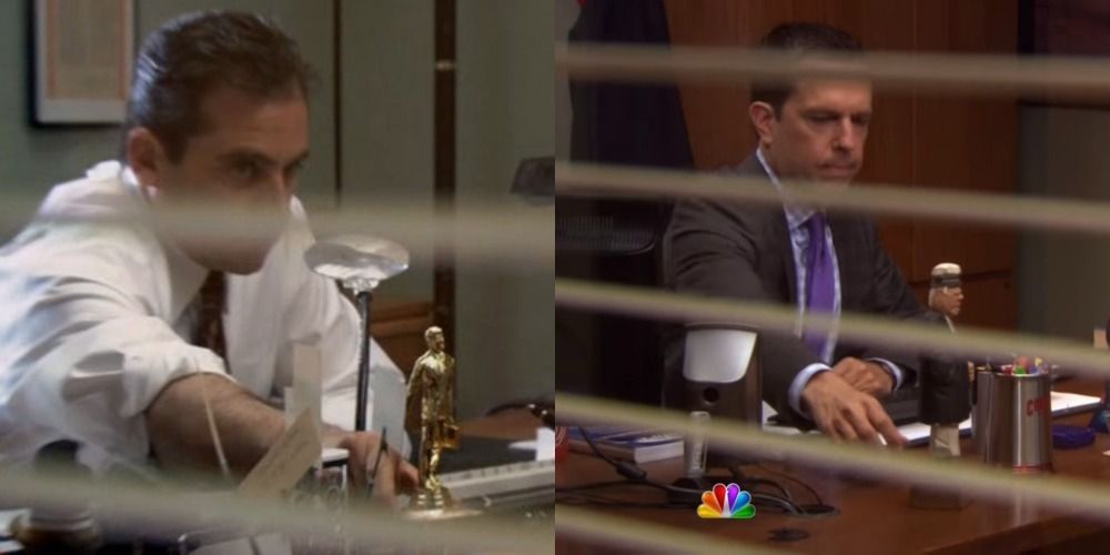 A split image of Michael fixing his Dundie and Andy fixing his Captain figurine in The Office