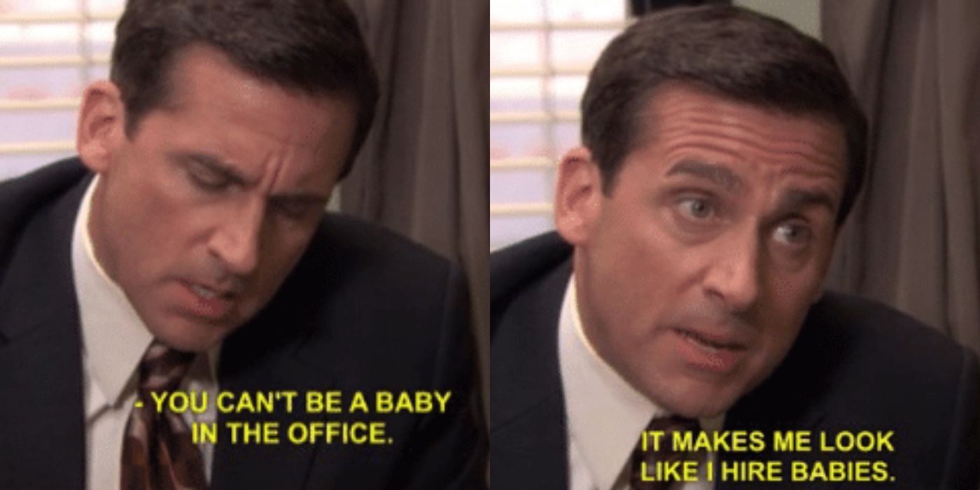 A split image of Michael telling Andy to stop the baby talk on The Office