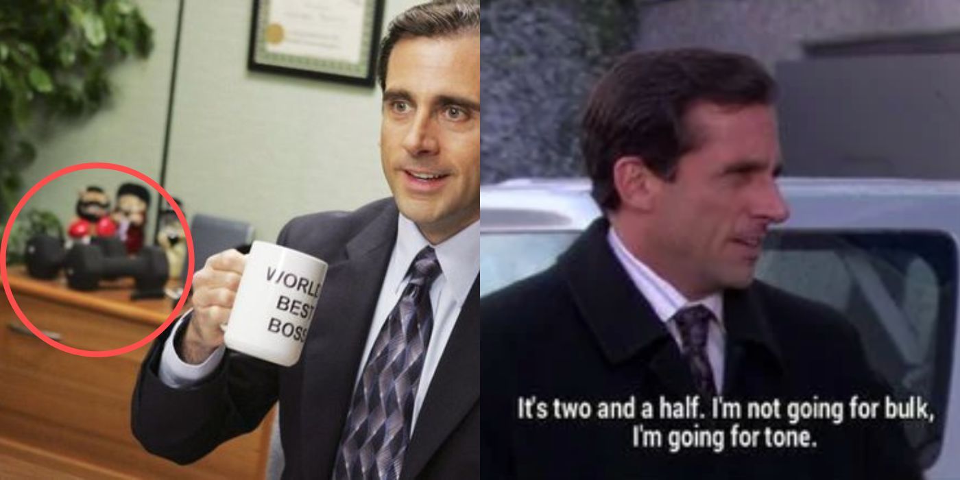 A split image of Michael's dumbbells in his office and car on The Office