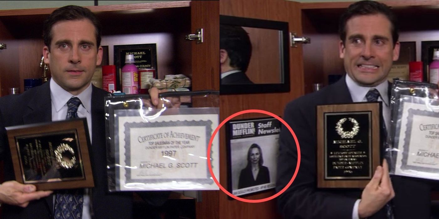 A split image of Michael's closet and a photo of Jan on The Office