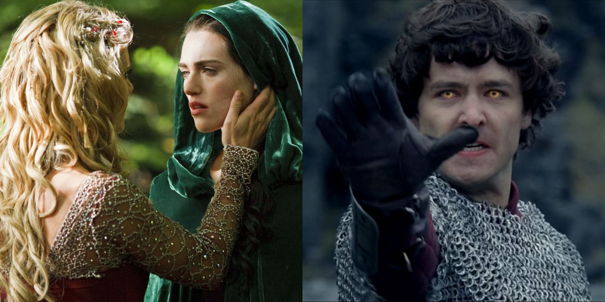 A split image of Morgause touching Morgana's face and Mordred using magic in Merlin