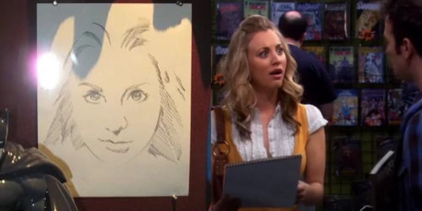A split image of Penny and Stuart with her drawing on TBBT