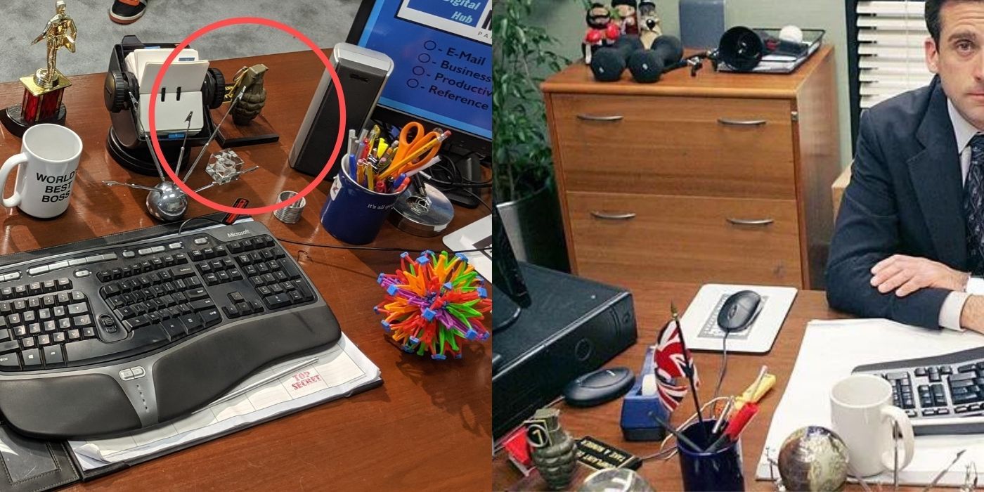 A split image of a hand grenade on Michael's desk in The Office