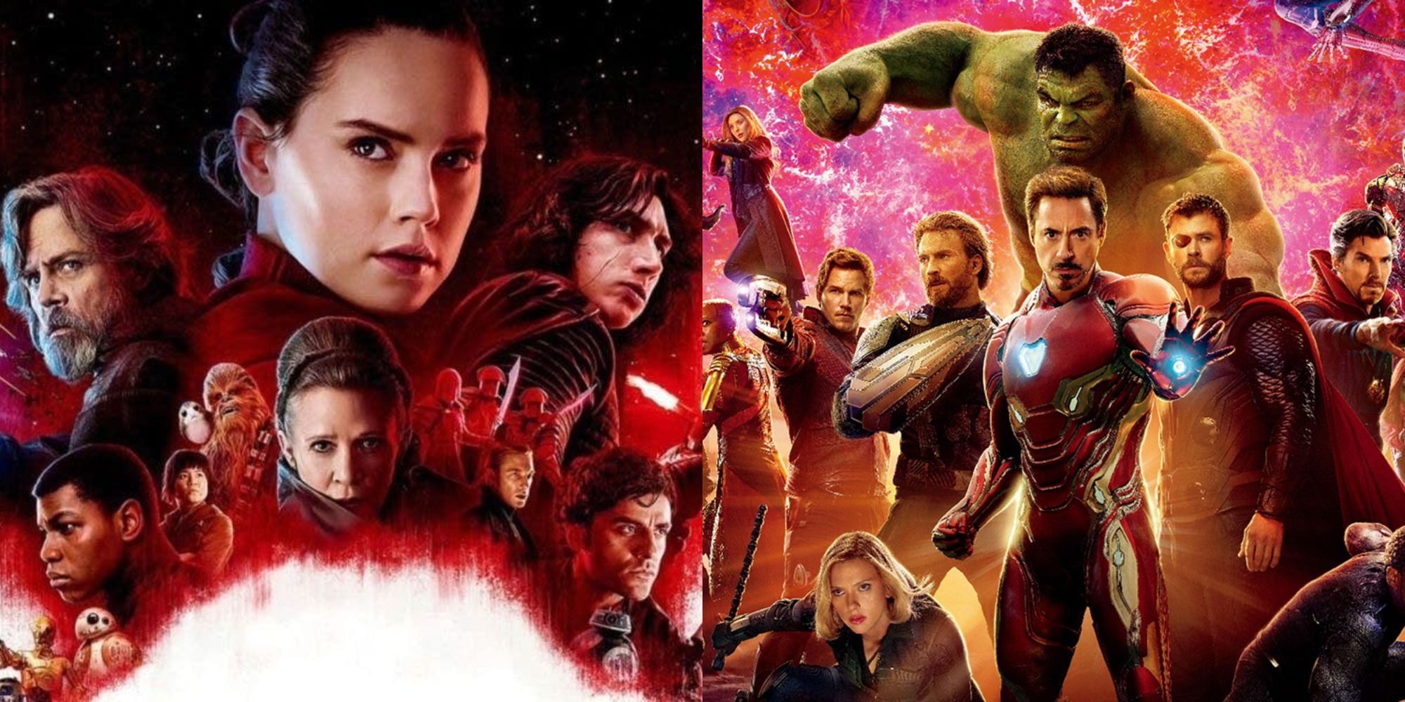 A split image of the Star Wars characters and the Avengers in the MCU
