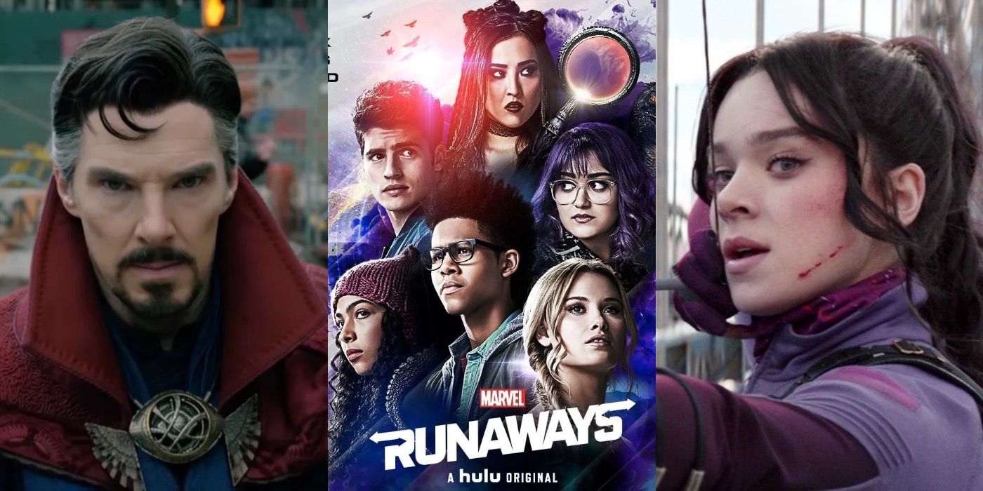 A split image showing Doctor Strange, the Runaways, and Kate Bishop in the MCU