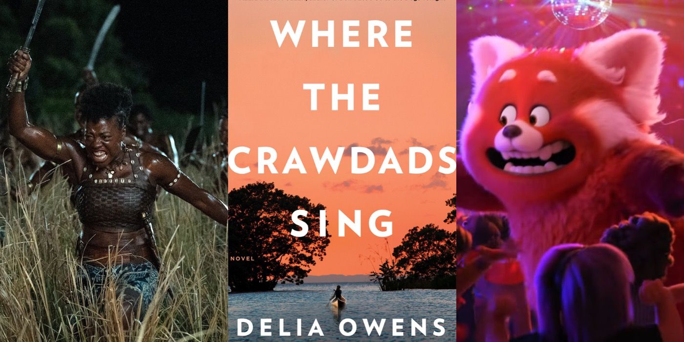 A split image showing Viola Davis in Woman King, the Where the Crawdads Sing book cover, and Mei as a red panda in Turning Red