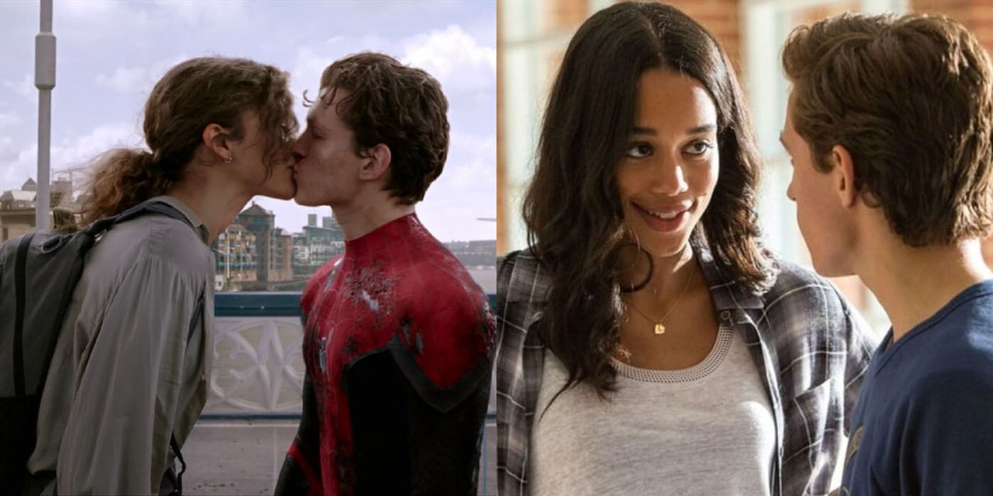 A split screen of Peter Parker with Liz and MJ.
