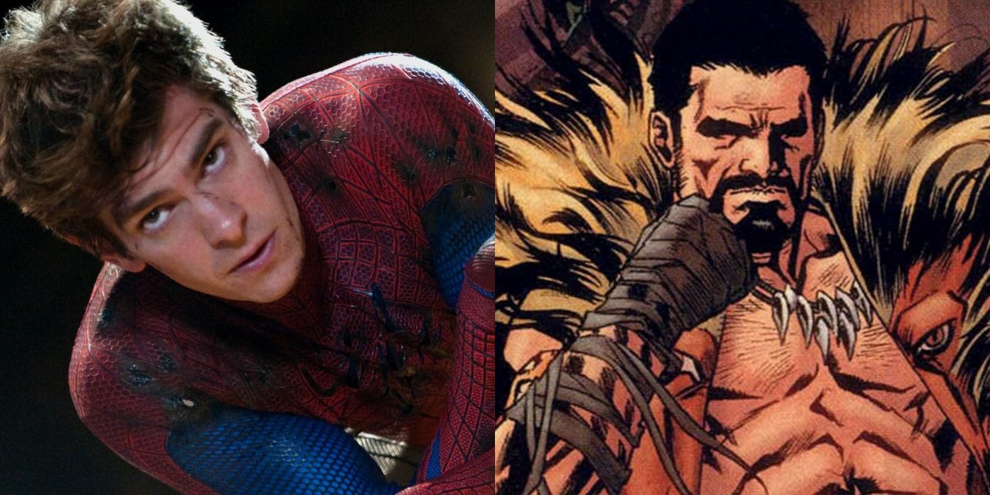 A split screen of Spider-Man and Kraven.