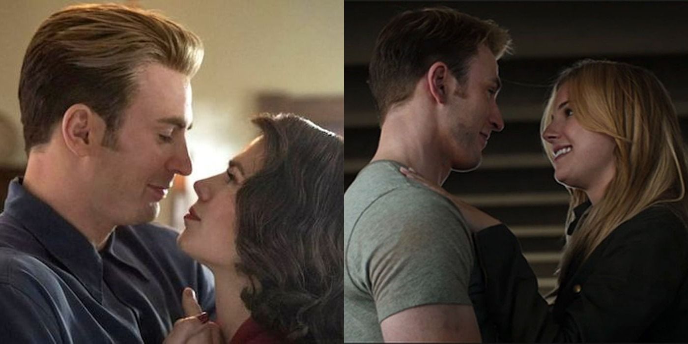 A split screen of Steve Rogers with Staron Carter and Peggy Carter.