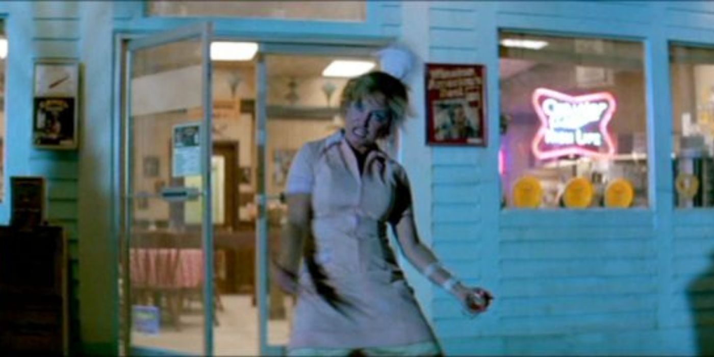 A woman shouting outside a diner in Maximum Overdrive