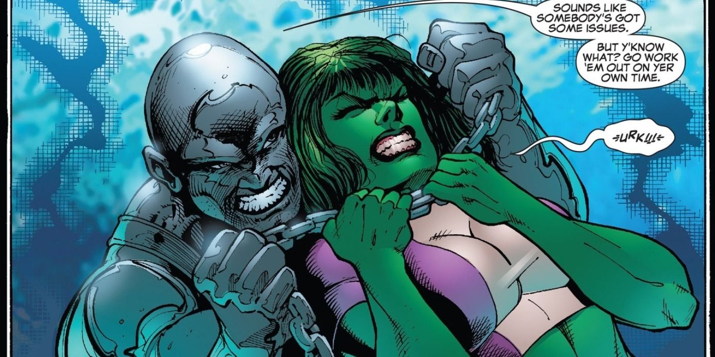 Absorbing Man fights She-Hulk in Marvel Comics.