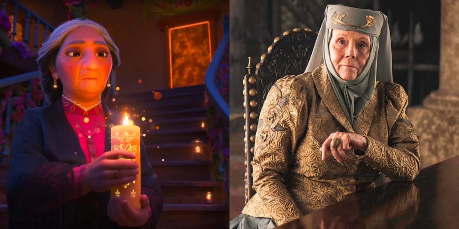 Abuela holding the candle in Encanto and Olenna Tyrell sitting and leaning on a table in Game of Thrones