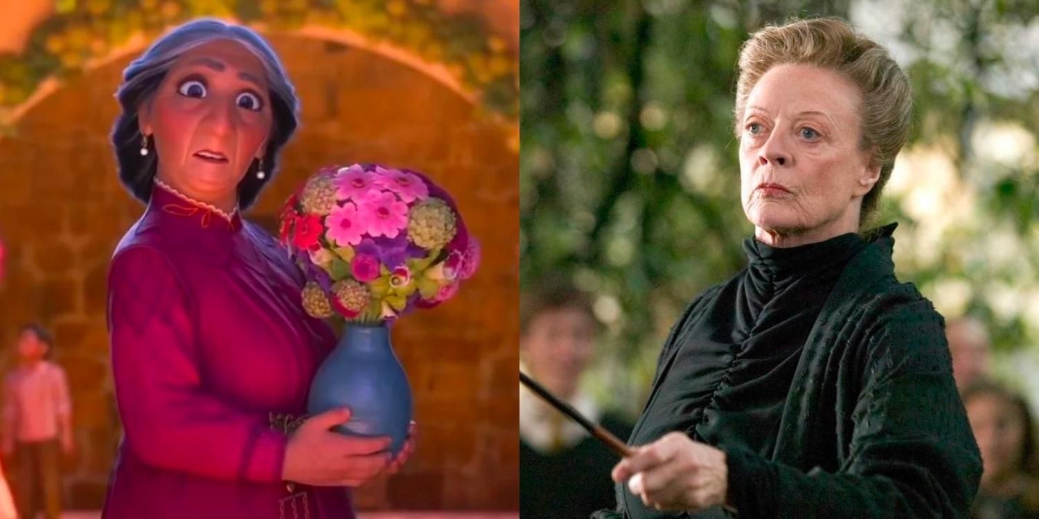 Abuela looking stern in Encanto and McGonagall looking stern in Harry Potter