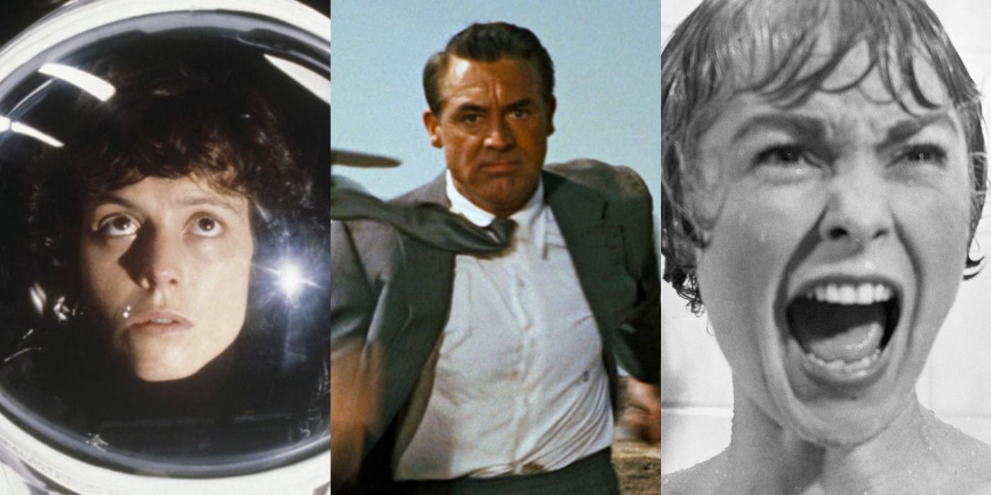 Three images showing characters from Alien, North by Northwest, and Psycho.