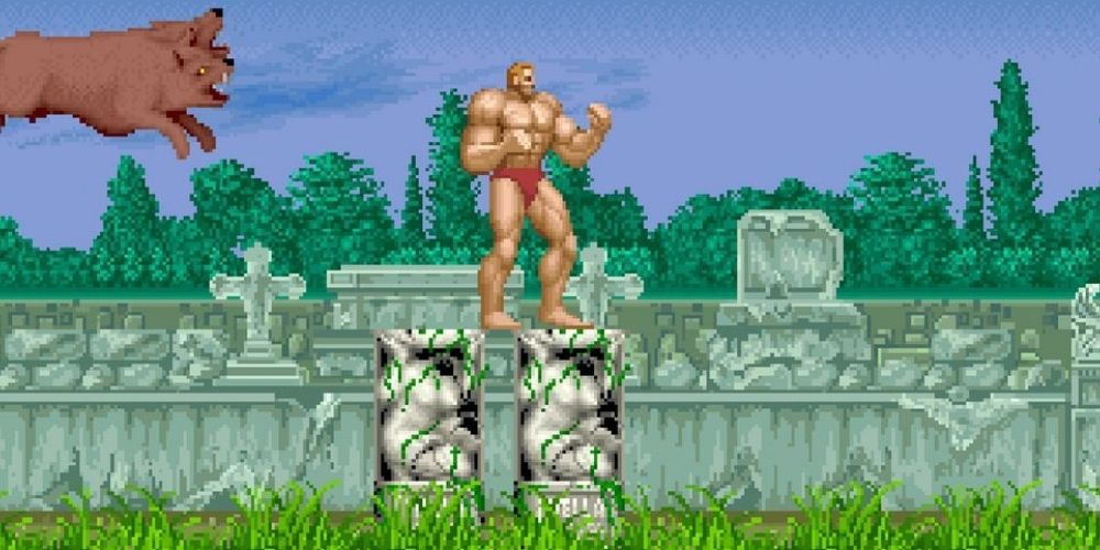 The protagonist gets ready to transform into a beast in Altered Beast