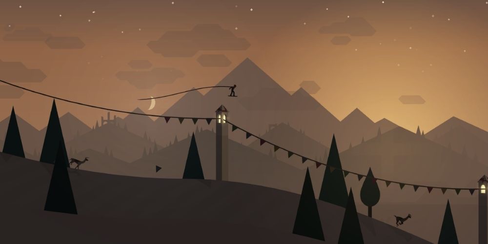 Alto snowboards along a wire during sunset in Alto's Adventure