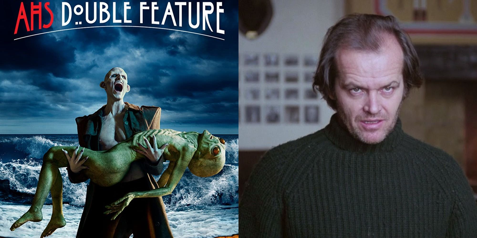 Split image showing a poster from AHS Double Feature and Jack Torrance in The Shining