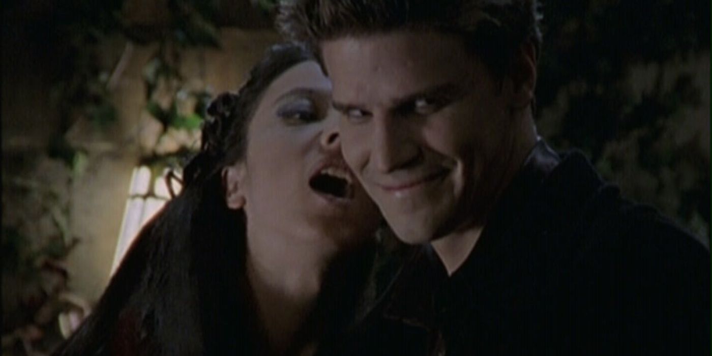 Angel smiling with Drucilla in Buffy the Vampire Slayer.