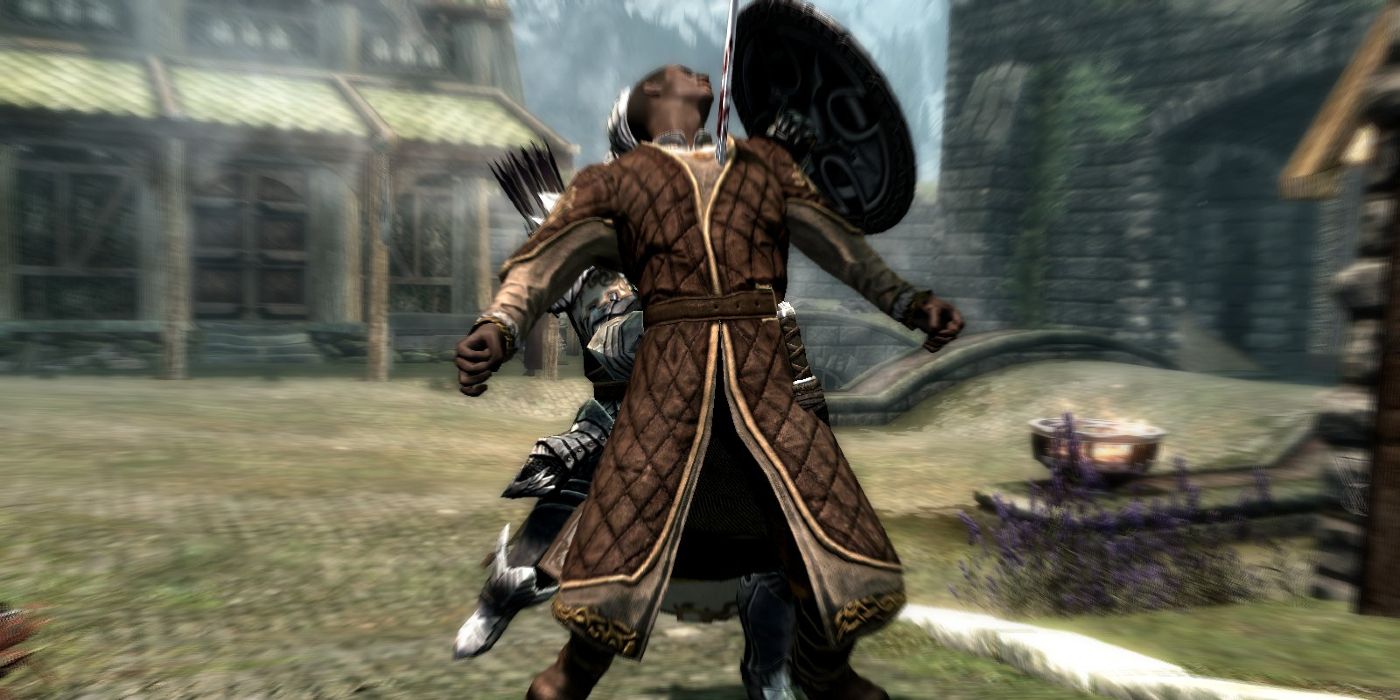 Nazeem from Skyrim, getting stabbed through the back with a sword.